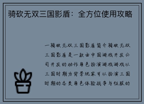骑砍无双三国影盾：全方位使用攻略