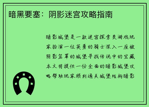 暗黑要塞：阴影迷宫攻略指南